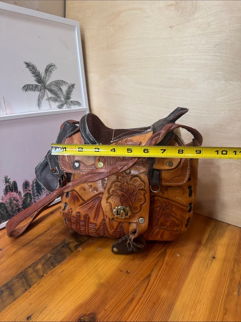 Vintage Handcrafted Tooled Leather Saddle Bag - Brown